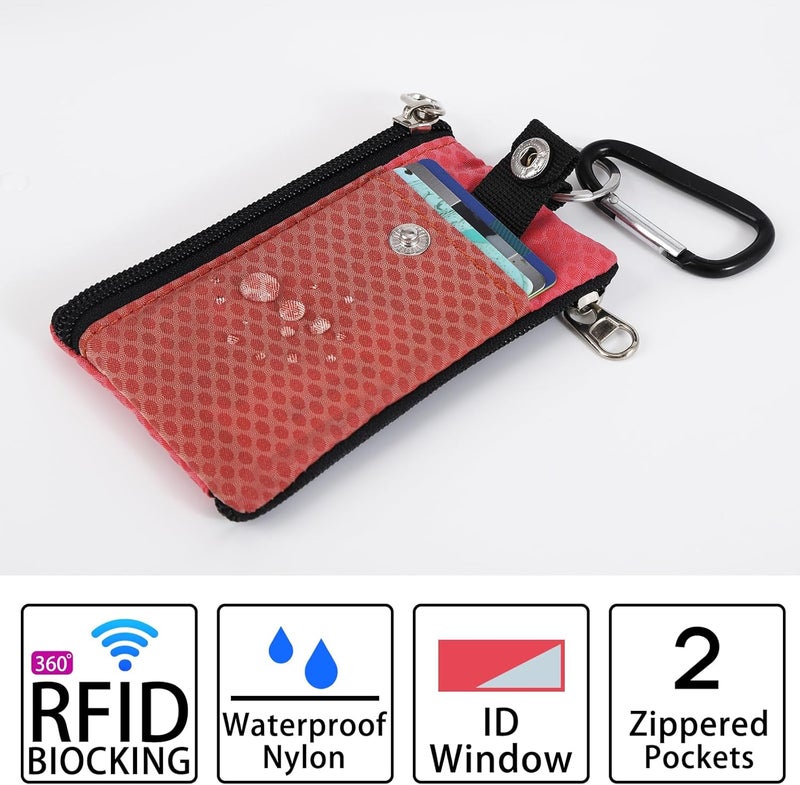 MASAPHIL MASAPHlL Small Lanyard Wallet for Women/Men with RFID Blocking ID Badge Holder, Minimalist Nylon Zipper Pouch, Travel Neck Wallet with Keychain, ID Window for Card,Coin,Cash (Deep red+Rose) - Image 4
